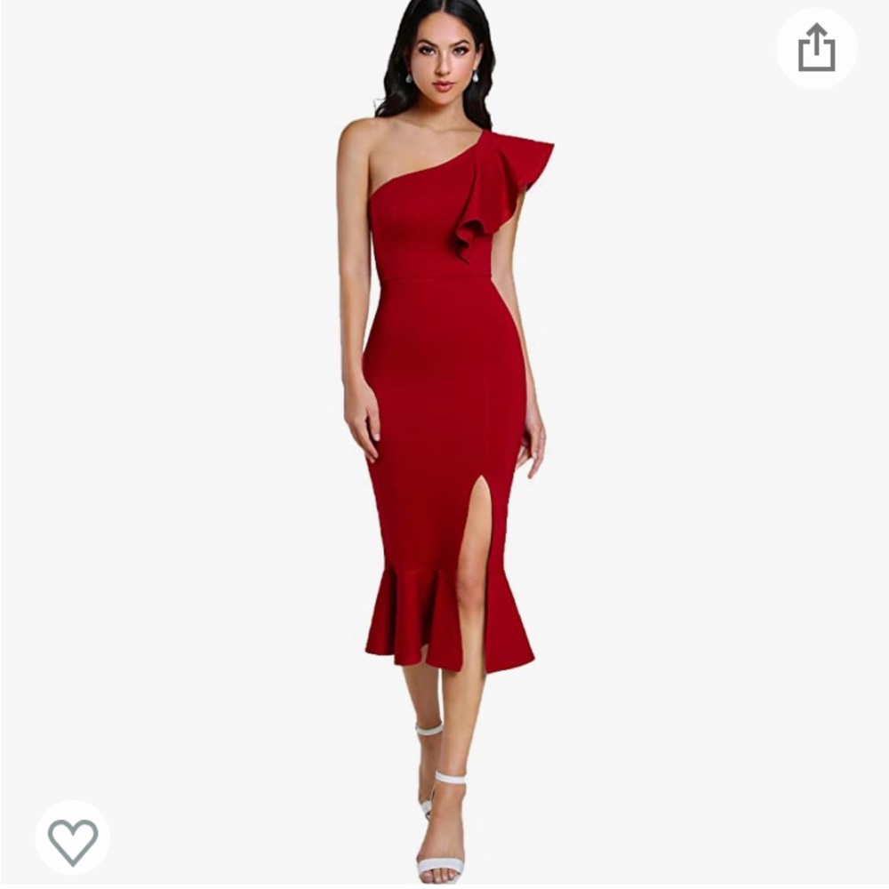 Florens Red Bodycon one shoulder midi dress with slit - Picture 4 of 8